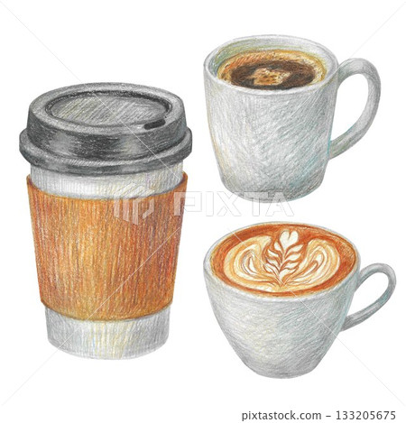Hand drawn illustration with cups of cappuccino, espresso and a paper cup for graphic design. Isolated colored pencil illustrations on a white background. Coffee collection. Hand drawn illustration with cups of cappuccino, espresso and a paper cup for graphic design. Isolated colored pencil illustrations on a white background. Coffee collection. 133205675