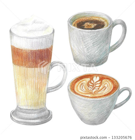 Hand drawn illustration with cups of cappuccino, espresso and a glass of latte for graphic design. Isolated colored pencil illustrations on a white background. Coffee collection. Hand drawn illustration with cups of cappuccino, espresso and a glass of latte for graphic design. Isolated colored pencil illustrations on a white background. Coffee collection. 133205676