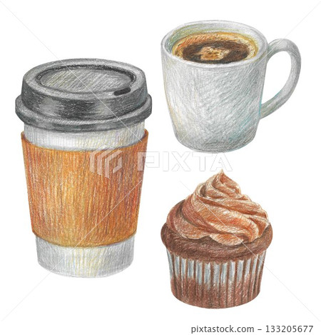 Hand drawn illustration with a cup of espresso, cupcake and a paper cup for graphic design. Isolated colored pencil illustrations on a white background. Coffee collection. 133205677