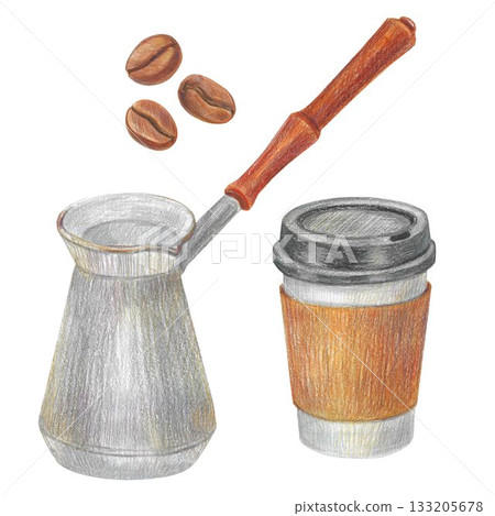 Hand drawn illustration with a parer coffee cup, coffee beans and a coffee pot for graphic design. Isolated colored pencil illustrations on a white background. Coffee collection. 133205678