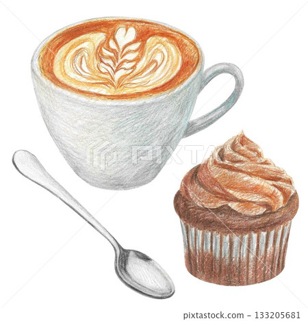 Hand drawn illustration with a cup of cappuccino, a cupcake and a spoon for graphic design. Isolated colored pencil illustration on white background. Coffee collection. 133205681