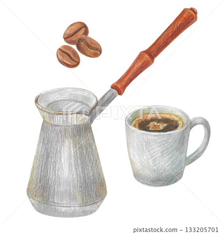 Hand drawn illustration with a cup of espresso, coffee beans and a coffee pot for graphic design. Isolated colored pencil illustrations on a white background. Coffee collection. 133205701