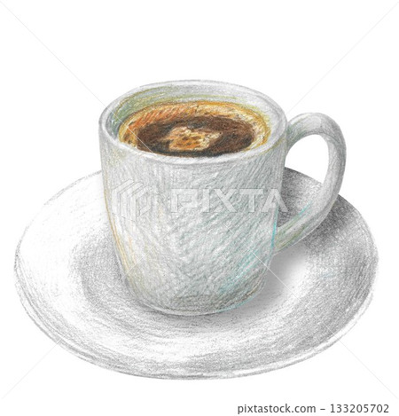 Hand drawn illustration with espresso cup for graphic design. White coffee cup. Isolated colored pencil illustration on white background. Coffee collection. 133205702