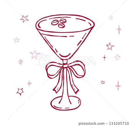 Coquette espresso martini cocktail glass with bow, pink illustration, whimsical sketch 133205710