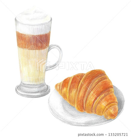 Hand drawn illustration with a glass of latte and a plate with croissant for graphic design. Isolated colored pencil illustration on white background. Coffee collection. 133205721