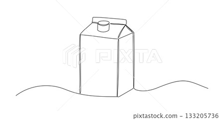 Continuous line illustration of milk in tetra pack box. Dairy product. Drink juice doodle sketch. 133205736