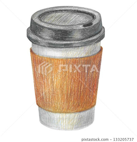 Hand drawn illustration with a paper coffee cup for graphic design. Isolated colored pencil illustration on white background. Coffee collection. 133205737