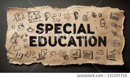 Special education concept on torn paper with hand-drawn doodles 133205738