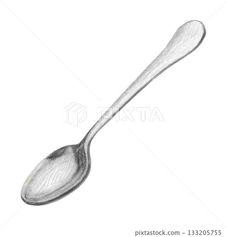 Hand drawn illustration with tea spoon for graphic design. Isolated colored pencil illustration on white background. Coffee collection. Hand drawn illustration with tea spoon for graphic design. Isolated colored pencil illustration on white background. Coffee collection. 133205755