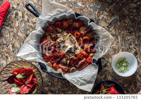Baked Cheese with Roasted Tomatoes and Fresh Salad 133205765