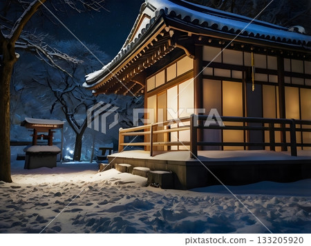 A beautiful scene of Japanese-style architecture shining against the snow and night sky 133205920