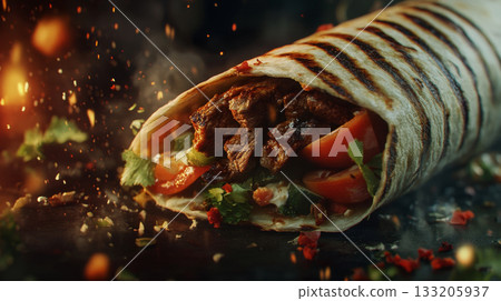 Delicious Grilled Beef Wrap with Fresh Vegetables and Spices 133205937