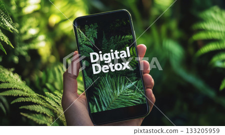 Hand Holding Smartphone with Digital Detox on Screen 133205959