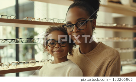 Happy Mother and Daughter Trying on Glasses at Optical Store 133205965