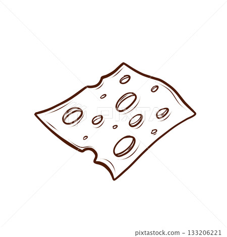 A slice of cheese with holes. Vector illustration in a line art style. A simple black and brown image with no color, isolated on a white background. Suitable for menus, logos, packaging, fast food 133206221