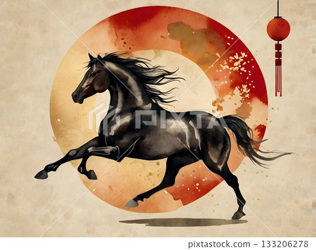 Beautiful black horse and circular watercolor art Beautiful black horse and circular watercolor art 133206278