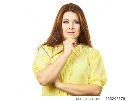 Happy woman thinking wondering Happy woman thinking wondering 133206376