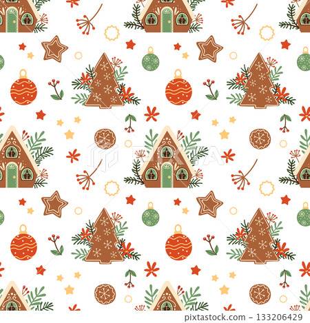 Seamless pattern. Cute Christmas gingerbread houses, delicious cookies, and Christmas tree decorations. Scandinavian Festive hand-drawn ornament. Perfect for a T-shirt logo, greeting card, poster 133206429