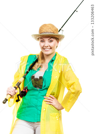 Woman with fishing rod, spinning equipment 133206463