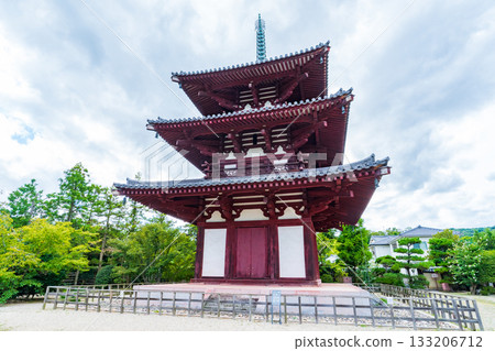 The reconstructed three-story pagoda at Horinji Temple in Ikaruga Town, Nara Prefecture 133206712