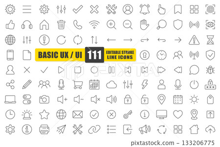 Basic UX UI Line Icon Set. A Collection Of 111 Thin Line Editable Stroke Icons Representing Interface, Navigation, And Interaction Elements. Perfect For Web, App, And Digital Design Projects. Vector Basic UX UI Line Icon Set. A Collection Of 111 Thin Line Editable Stroke Icons Representing Interface, Navigation, And Interaction Elements. Perfect For Web, App, And Digital Design Projects. Vector 133206775