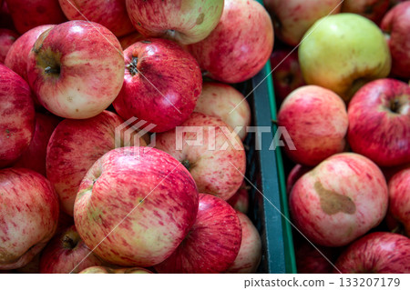 Fresh red apples in a market crate, close up view of organic fruit harvest with natural texture and 133207179