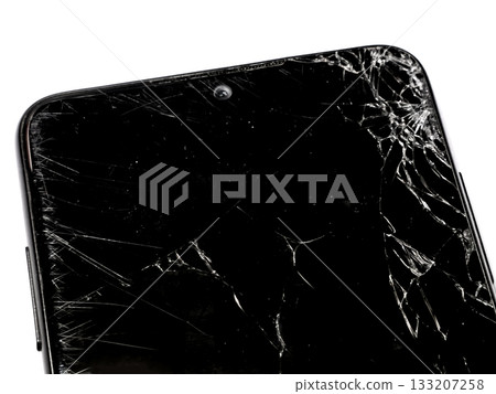 Shattered Smartphone Screen on a White Background Shattered Smartphone Screen on a White Background 133207258