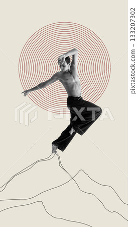 Artistic artwork of man leaping emotionally above mountains with red concentric circle halo 133207302