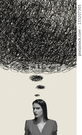 Symbolic composition of woman with anxious expression under heavy black scribble cloud 133207305