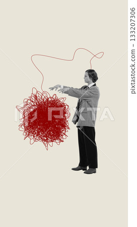 Expressive artwork of man reaching toward chaotic red scribble ball with emotional tension 133207306