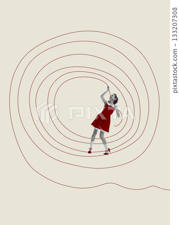 Dynamic composition of woman in emotional spiral pulling red line around herself 133207308