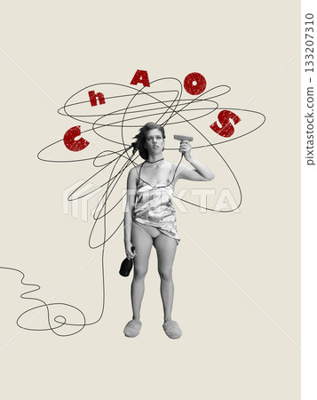 Chaotic composition of woman in messy state surrounded by swirling scribble and bold letters 133207310