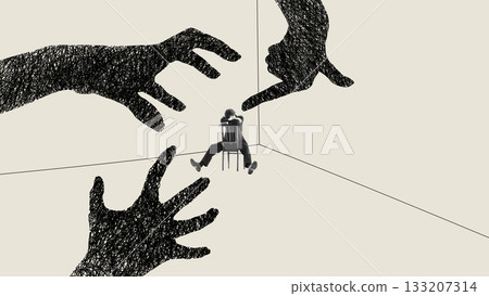 Dramatic collage of seated person surrounded by giant threatening scribble hands Dramatic collage of seated person surrounded by giant threatening scribble hands 133207314