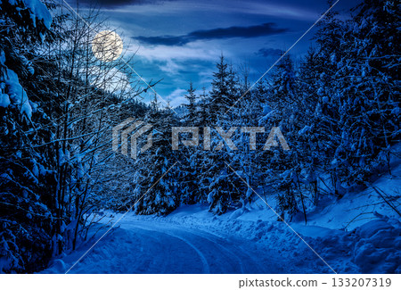 winter mountain landscape at night. curve of country road that leads into the coniferous forest covered with snow in full moon light. backdrop for fiction art or mystery concepts 133207319