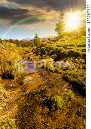 rural scene of mountain landscape in spring at sunset. green countryside with forested hills in evening light. beautiful valley sustainable development under rainbow 133207332