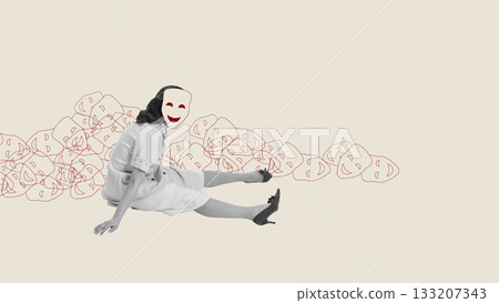 Expressive collage of woman with smiling mask surrounded by abstract emotional faces Expressive collage of woman with smiling mask surrounded by abstract emotional faces 133207343