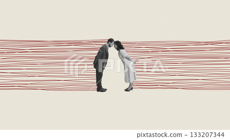 Stylized collage of couple leaning forward with gentle emotional connection over abstract red line pattern 133207344