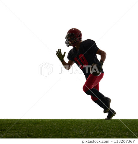 American football player running with determined emotion on field isolated on white background American football player running with determined emotion on field isolated on white background 133207367