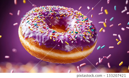 Vibrant Donuts with Colorful Sprinkles in Mid-Air 133207421