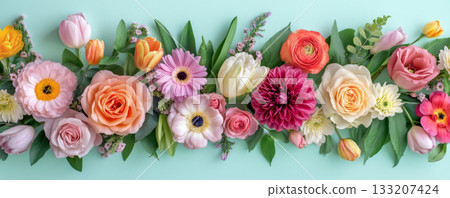 Bright Mixed Floral Arrangement Banner on Teal Background 133207424