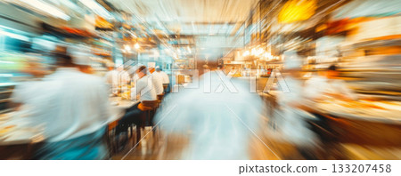 Blurred Motion in a Bustling Restaurant Kitchen 133207458