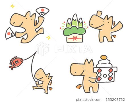 Horse set for enjoying New Year's celebrations: Kadomatsu, sea bream, kagami mochi, and folding fan Horse set for enjoying New Year's celebrations: Kadomatsu, sea bream, kagami mochi, and folding fan 133207732