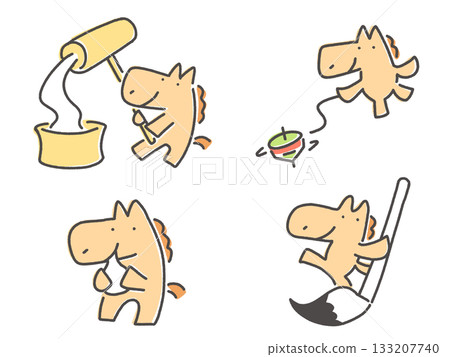 Horse set for enjoying New Year's celebrations: pounding rice cakes, spinning tops, and calligraphy Horse set for enjoying New Year's celebrations: pounding rice cakes, spinning tops, and calligraphy 133207740
