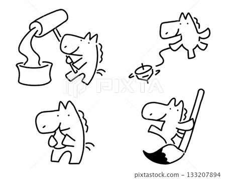 Horse set for enjoying New Year's celebrations: pounding rice cakes, spinning tops, and calligraphy 133207894