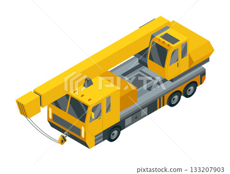 A Yellow Isometric Crane Vehicle on a clean White Background, highlighting its features and design A Yellow Isometric Crane Vehicle on a clean White Background, highlighting its features and design 133207903