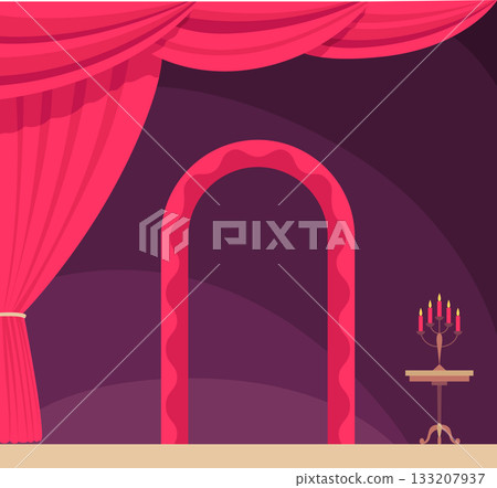 Theater stage with red curtains and spotlights. Vector cartoon illustration of theatre interior with empty wooden scene, luxury velvet drapes and decoration Theater stage with red curtains and spotlights. Vector cartoon illustration of theatre interior with empty wooden scene, luxury velvet drapes and decoration 133207937