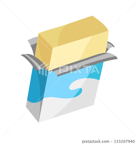 Butter block, wrapped bar piece. Milk dairy creamy product packed in package, paper wrapping. Whole ingredient. Natural solid spread icon. Flat vector illustration isolated on white background Butter block, wrapped bar piece. Milk dairy creamy product packed in package, paper wrapping. Whole ingredient. Natural solid spread icon. Flat vector illustration isolated on white background 133207940