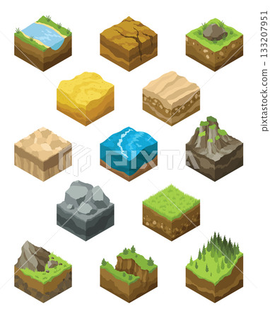 Isometric platforms set different soil textures. Set of materials for the game. Nature stone, landscape cartoon style interface, rock and water layer. Sweets and food soil layers. Vector illustration Isometric platforms set different soil textures. Set of materials for the game. Nature stone, landscape cartoon style interface, rock and water layer. Sweets and food soil layers. Vector illustration 133207951