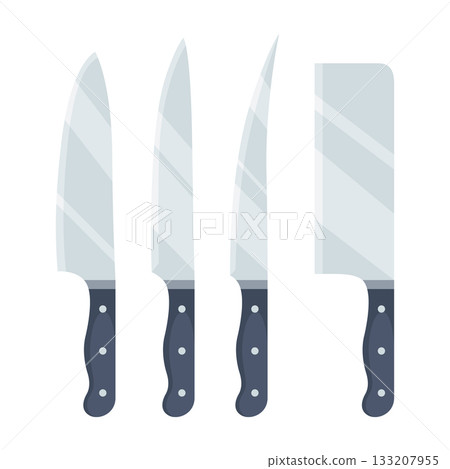 Professional culinary utensils with sleek handles in sharp focus, An image highlighting precision kitchen knives and professionalgrade utensil set in studio setting 133207955