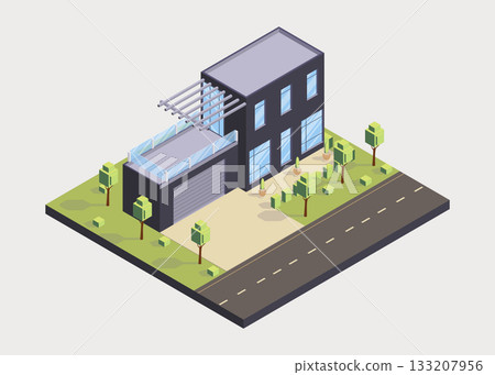 Isometric cottage icon. Suburb house composition with lawn vector illustration. Infographic element representing suburban building. Private house enterprises of real estate 133207956